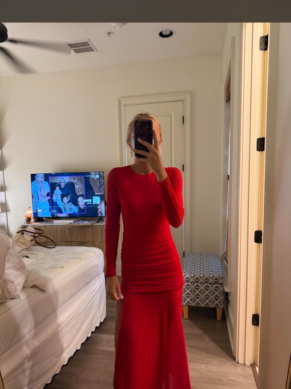 Zara Red Long-Sleeve Ruched Maxi Dress